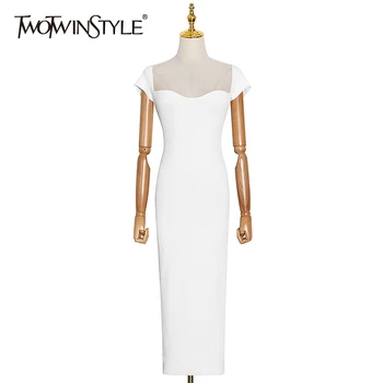 

TWOTWINSTYLE Vintage Sexy Women Dress Square Collar Short Sleeve High Waist Midi Slim Black Dresses Female 2020 Summer Fashion