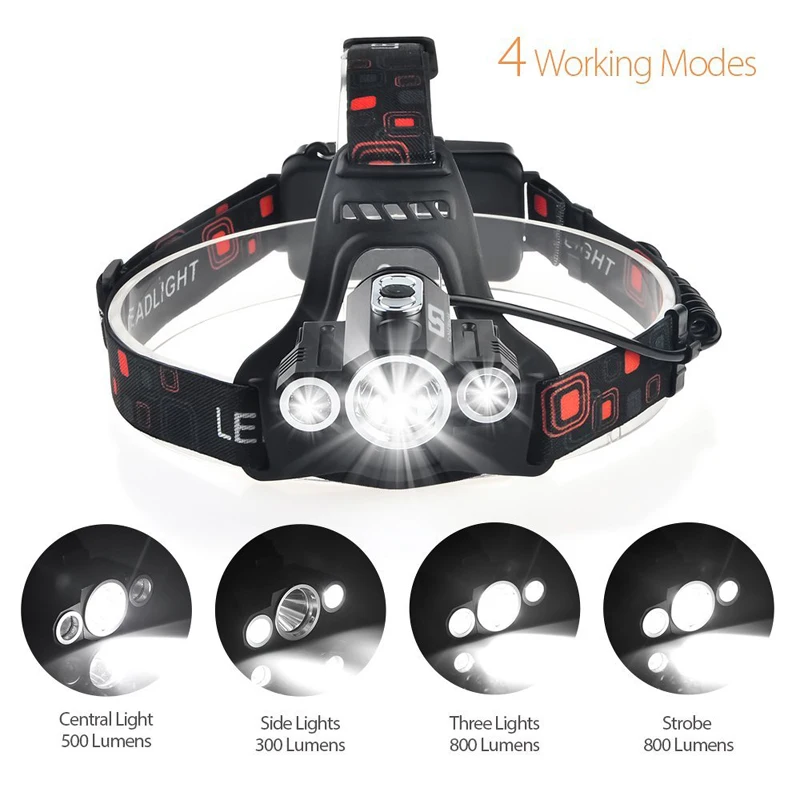 Головной фонарь 3x T6 3 лампы 4 режима затемнения Водонепроницаемый Мощный светодиодный налобный фонарик Автомобильное зарядное устройство перезаряжаемый аккумулятор налобный фонарь