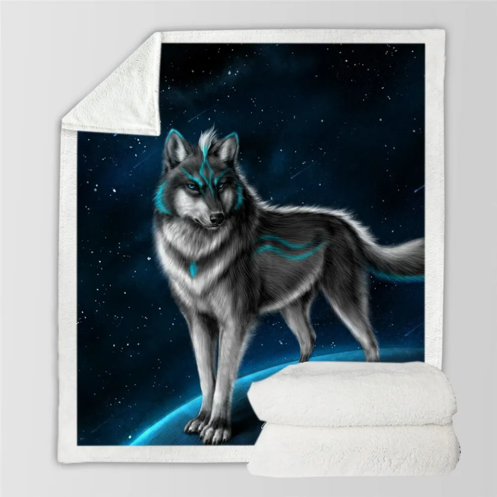 Soft Wolf Warm Blanket 3D Animal Star Galaxy Wolf Pattern Print Bedding Sherpa Fleece Blanket for Kids Portable Throw Blanket