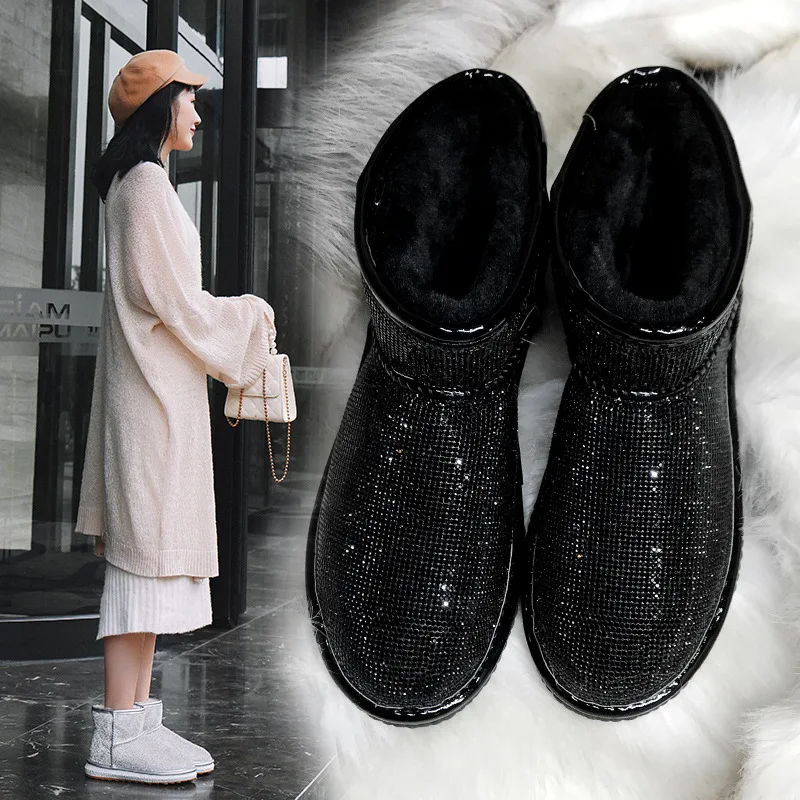 LORFRCIN Winter Boots Bling Crystals Ankle Boots Rhinestones Women Fur shoes Fashion Handmade Warm Snow Boots Woman