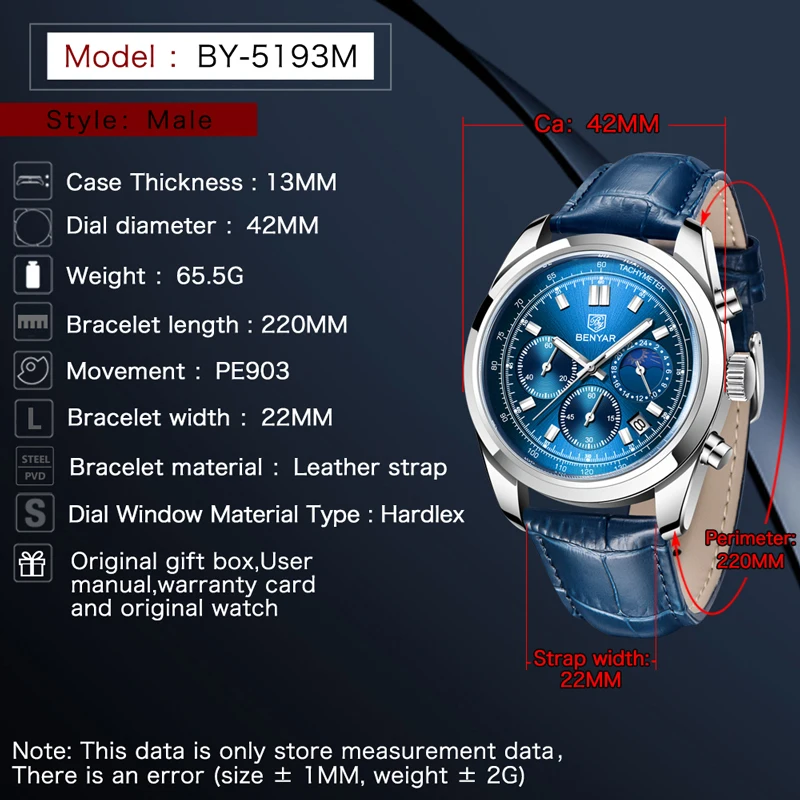 BENYAR Mens Watches Quartz Chronograph Casual Fashion Sport Moon Phase Leather Waterproof Luxury Watch For Men Relogio Masculino