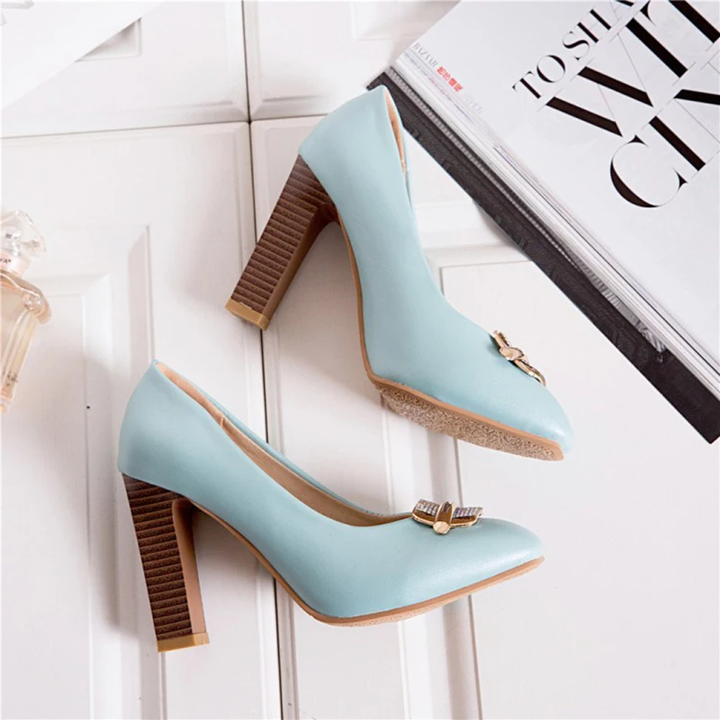 Kolnoo Handmade Womens Chunky Heels Pumps Slip-On Round-Toe Metal&Rhinstones Sexy 3-Color Evening Party Prom Fashion Court Shoes