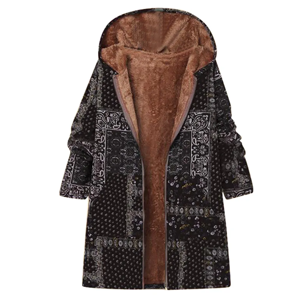 Зимнее пальто женское Плюс Размер vintage винтажная Женская куртка на молнии с длинным рукавом парка с капюшоном теплое плюшевое Женское пальто верхняя одежда