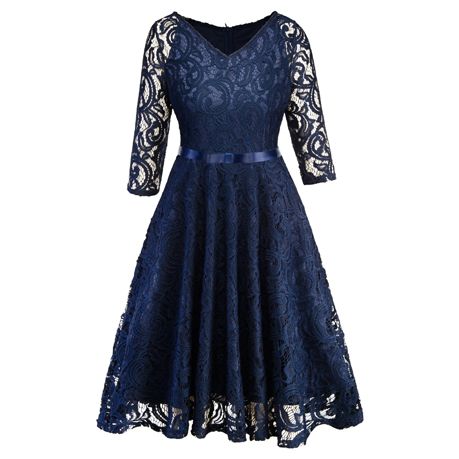 

Women Retro Sexy Evening Party Dress Black Green Hollow Out Floral Lace Dress Bow Ribbon Belt Summer Work Dresses