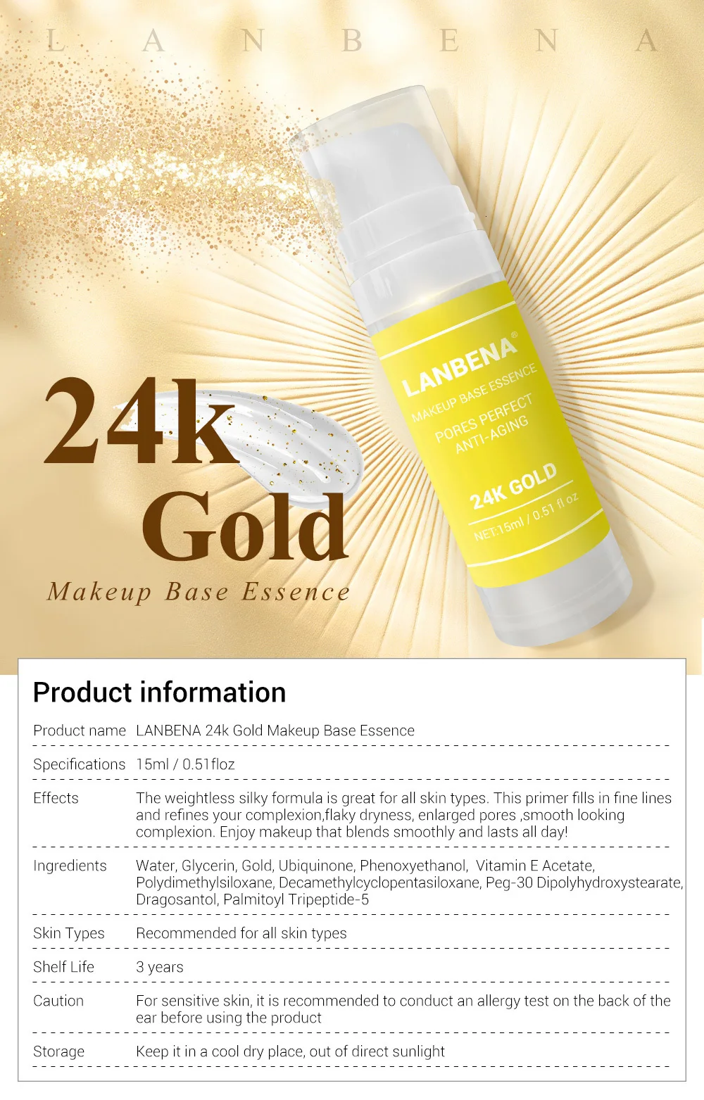 LANBENA, 24 K, Золотая основа для макияжа, эссенция, Праймер, сыворотка для лица, сужающая поры, водостойкий крем для лица с масляным контролем, осветляющая основа, 15 мл