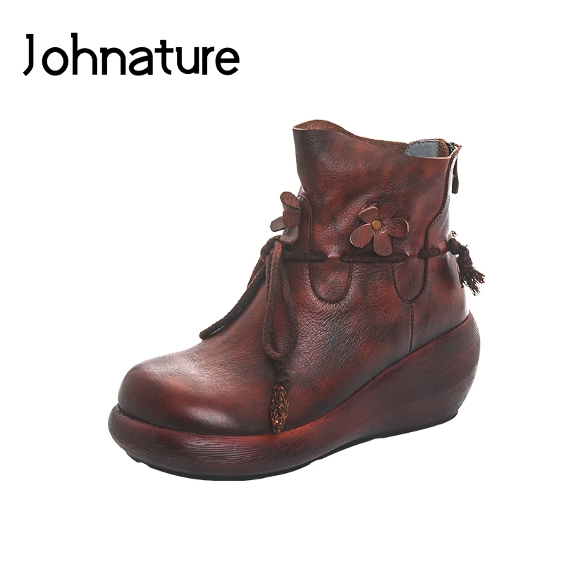 

Johnature Platform Boots Retro Genuine Leather Women Shoes 2019 New Winter Zip Round Toe Wedges Leisure Handmade Ankle Boots