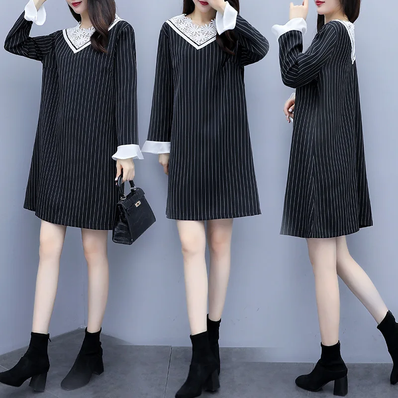 

Large Size Dress 2019 Autumn Clothing New Style Fashion Stripes Joint 200 of Fat Mm Loose-Fit Slimming Base Dress