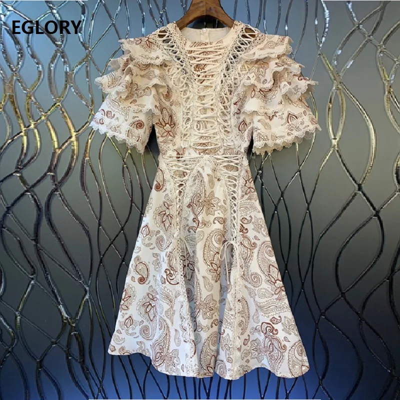 

Newest Fashion Party Vintage Dresses 2019 Autumn Style Women Cross String Patchwork Cascading Ruffle Sleeve Mid-Calf Dress Novia