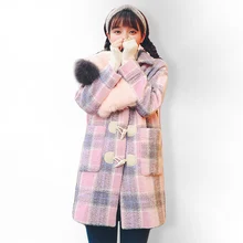 Модная женская куртка, зимнее осеннее клетчатое пальто с отворотом, свободные куртки, теплый Тренч, длинное пальто, повседневное пальто, женское Смешанное пальто