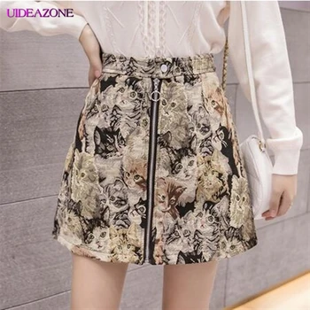 

High Waist Girly Cat Print Skirt A-line With Zipper Front Above Knee Women Vintage Cute Cat Spring Femme Outwear Sweet Harajuku