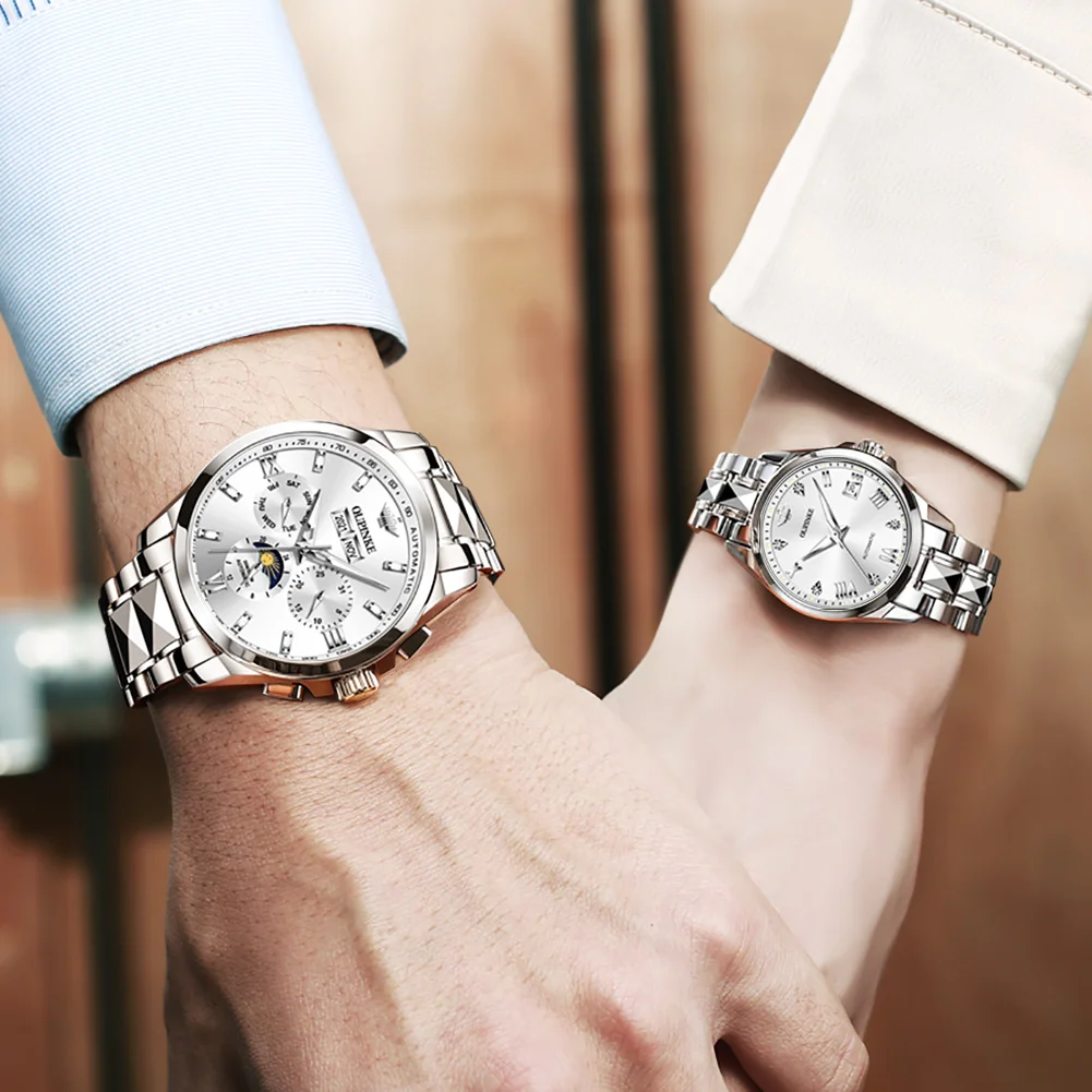 OUPINKE Automatic Couple Watches Pair Men and Women Mechanical Sapphire Luxury Brand Watch for Lovers 2pcs Waterproof Gift Set