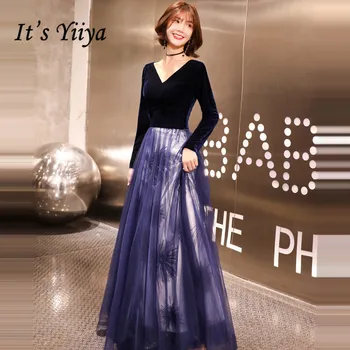

It's Yiiya Evening Dresses V-neck Velour Evening Dress Long Sleeve Elegant Formal Gowns Plus Size Blue robe de soiree LF061
