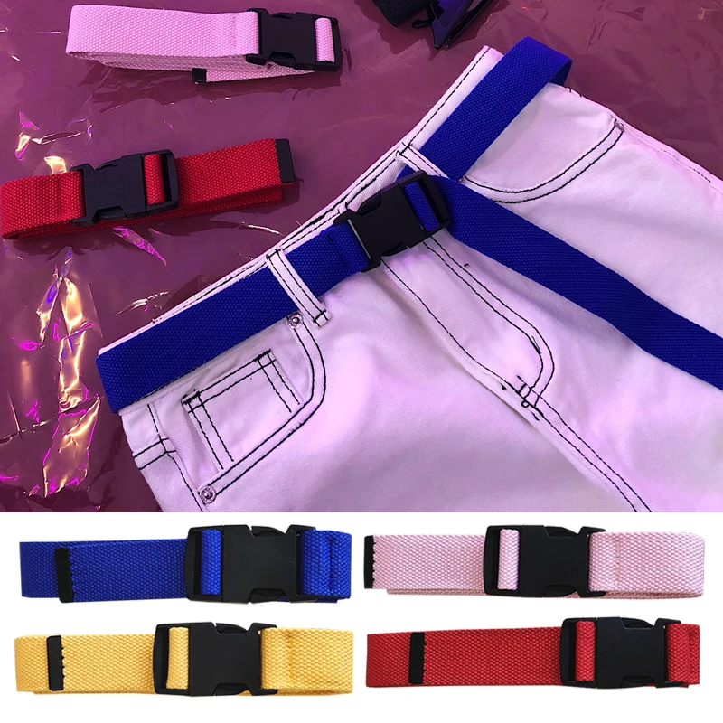 Vintage Plastic Buckle Solid Color Long Waistbands Adults Adjustable Canvas Long Belt Unisex Korean Style Black Red White Belts snap belt