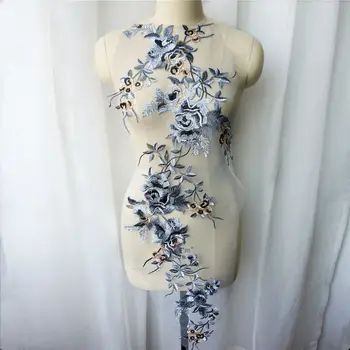 

Grey Embroidered Flowers Leaves Branch Appliques Fabric Wedding Gown Lace Trims Collar Mesh Sew Patch For Dress DIY Decoration