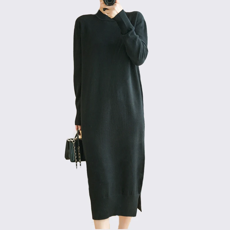 

sweater dress ankle length knitted sweater long sleeves o-neck casual fashion superlong split solid autumn pullover
