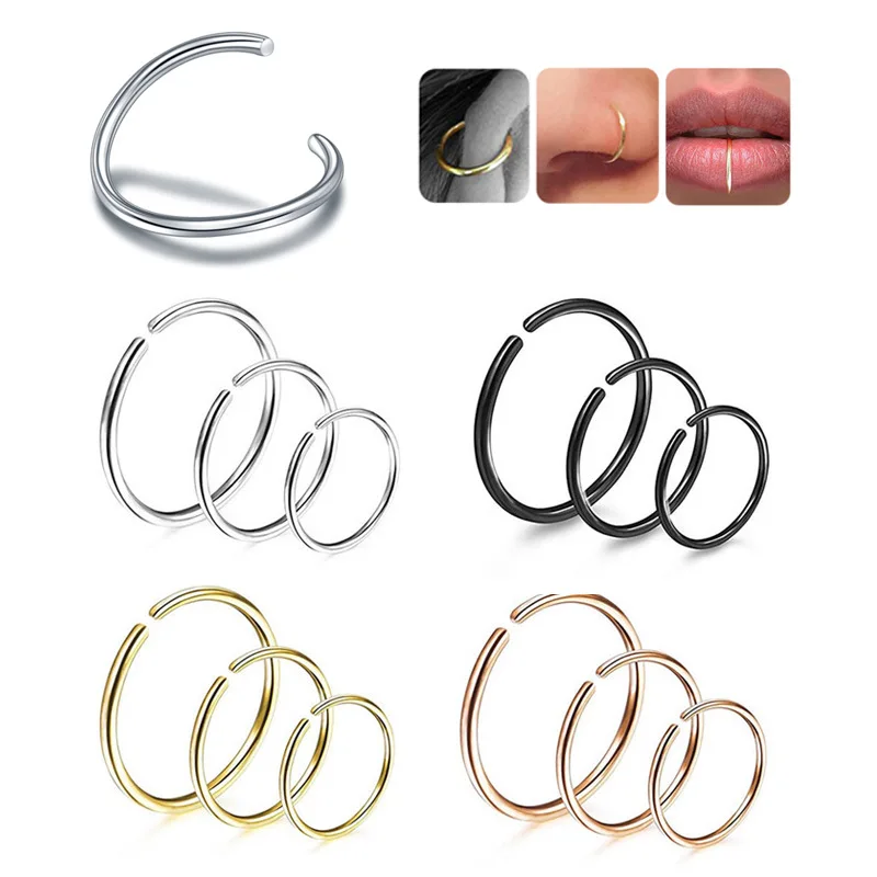 Stainless Steel Black Gold Silver Color Tiny Nostril Segment Nose Rings Hoop Piercings Clip On Helix Rings Body Jewelry 9pcs/set piercing jewelry nose rings body piercing jewelry body jewelry