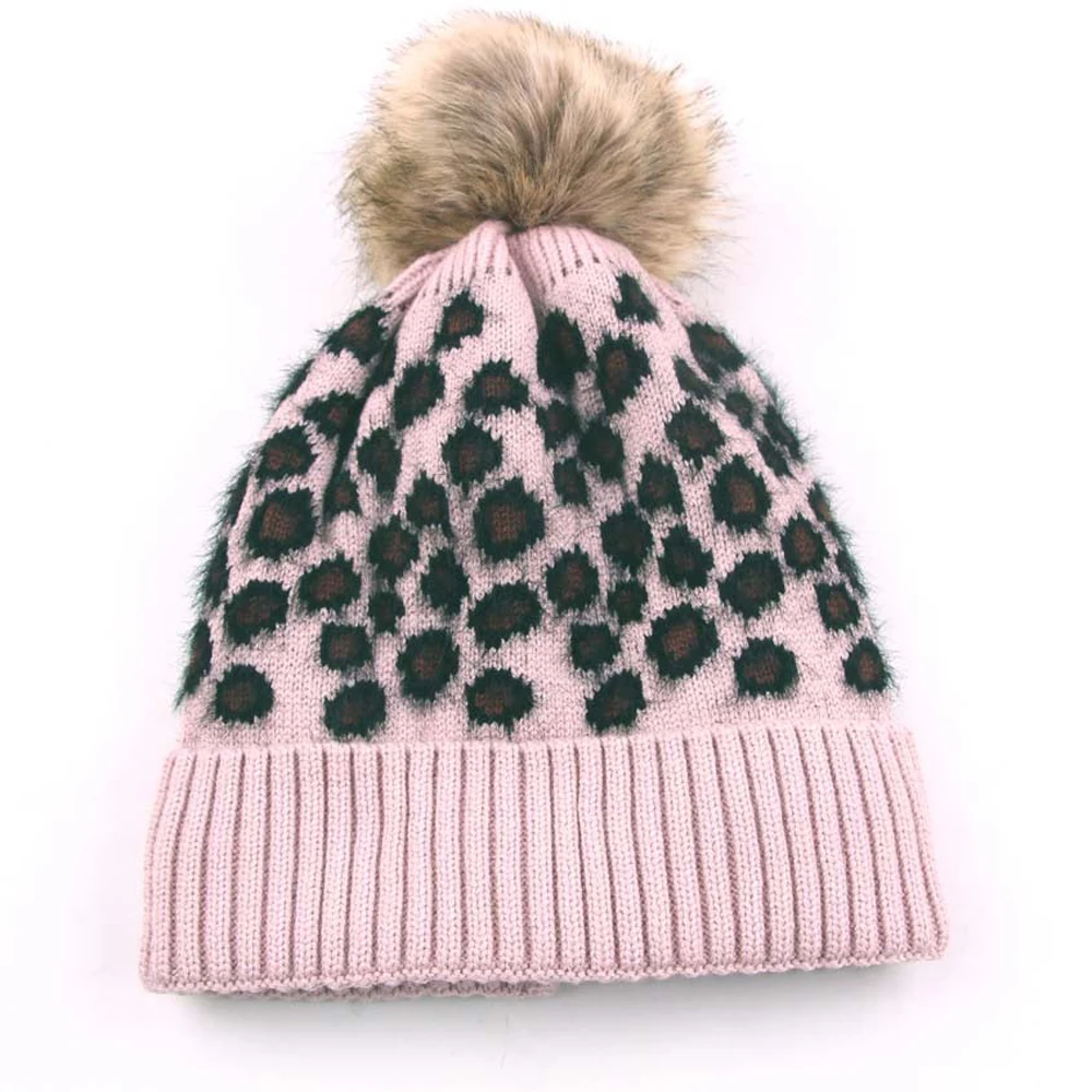 Женская вязаная леопардовая шапочка Рождественский подарок шапка из кроличьего меха с помпоном-кисточкой зима