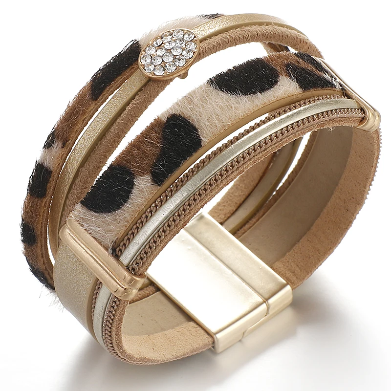 ALLYES Хрустальные Очаровательные леопардовые кожаные браслеты для женщин модные широкие Многослойные браслеты с животным принтом женские ювелирные изделия