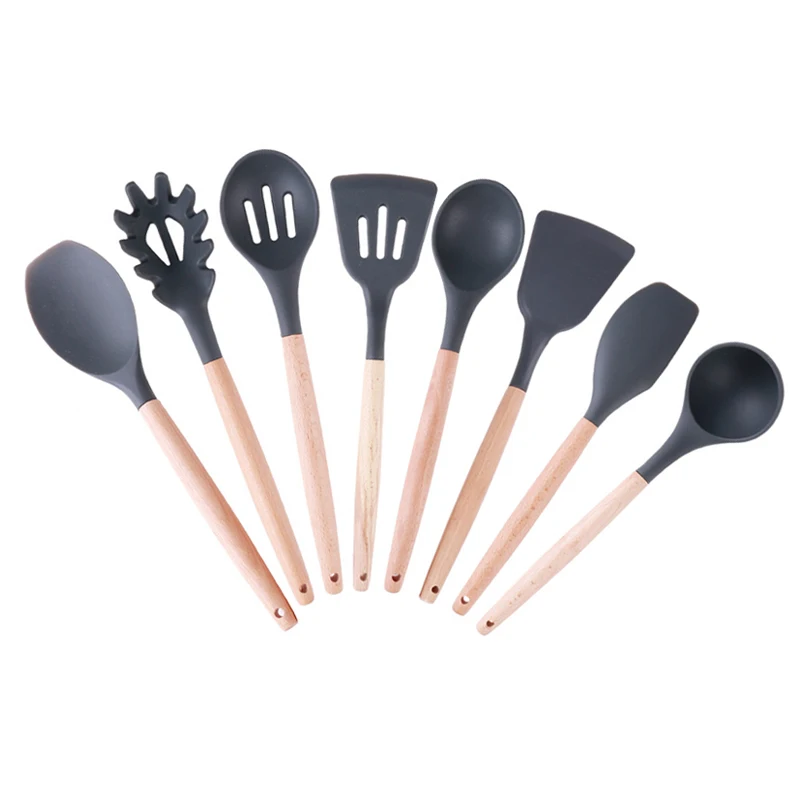 Food Grade Kitchen Supplies Wooden Handle Non-stick Silicone Spatula Kit Tongs Soup Ladle Utensils Cookware Kitchenware | Дом и сад
