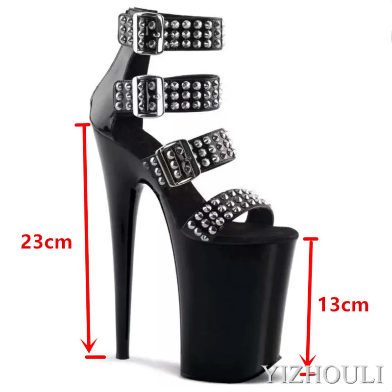 23 cm high sexy stiletto sandals, club rivet heels 9 inch super high heels, summer dancing shoes