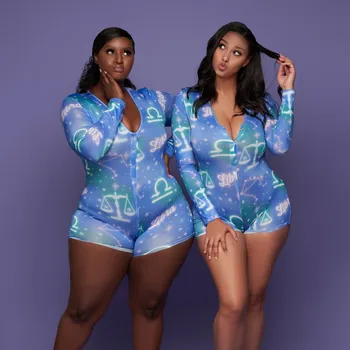 

2020 Personality Women Bodysuit Pajamas Zodiac& Constellation Printed Bodycon Deep V-Neck Jumpsuit Romper Sleepwear