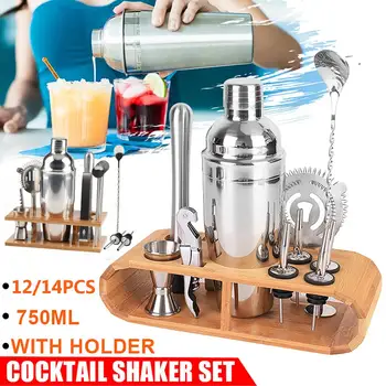 

12/14 PCS Cocktail Shaker Mixer Stainless Steel Bartender Kit Drink Bartending Bamboo Wine Rack Stand For Home Bar Party 750ml