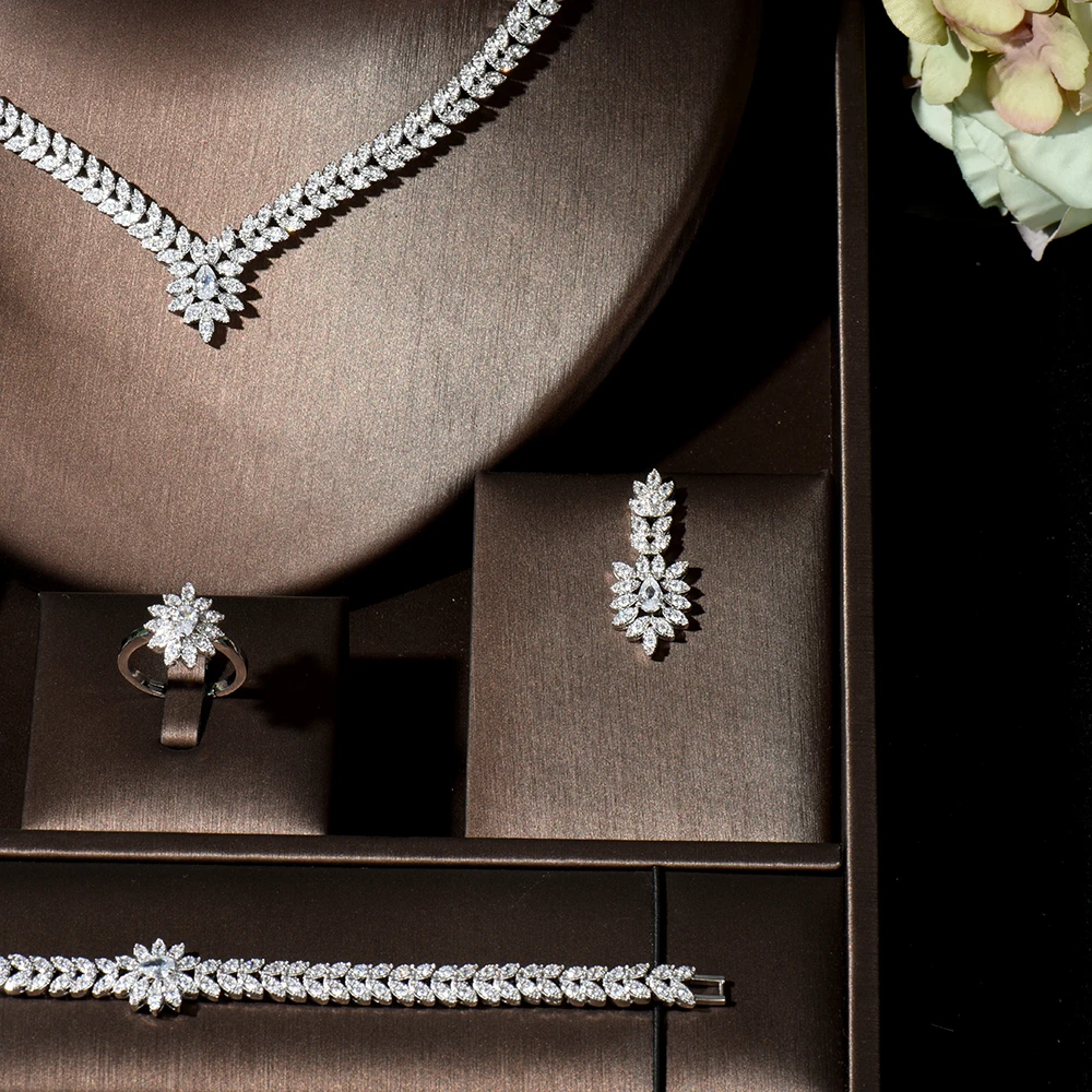 HIBRIDE Simple 4pcs Blue Leaf Water Drop Shape Necklace Earring Set CZ Nigeria Wedding Women Bridal Jewelry Party Gifts N-1839 - Image 3