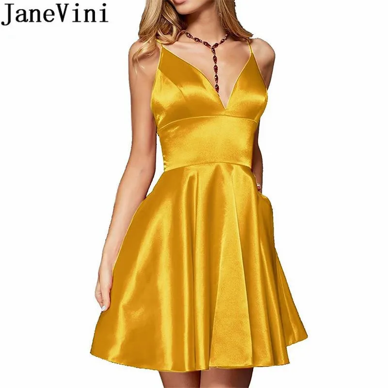 Janevini Sexy Spaghettibandjes Korte Homecoming Jurken Met Zakken Mini Royal Blue Elastisch Satijn Party Dress Cocktail Jurken