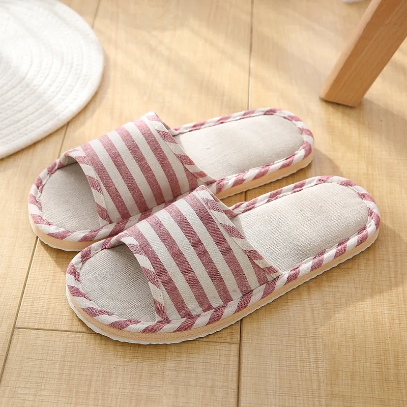 2024 Summer New Striped Slippers Casual Soft Non-Slip Foam Bottom Indoor Flip Flops Couple Linen Home Shoes 5