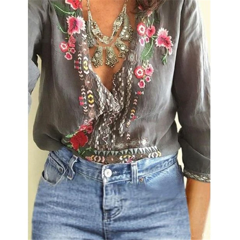 

Women V-Neck Blouse Shirt Long Sleeves Embroidery Loose Shirt Top Ladies Blouses And Shirts Casual Tops Plus Size Tops