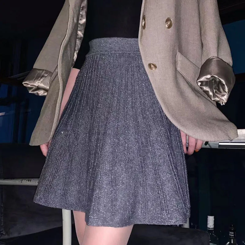 Женская трикотажная юбка осень зима Уайлд Высокая талия мини юбка женская новая трикотажная шикарная Корейская трапециевидная плиссированная юбка ML313