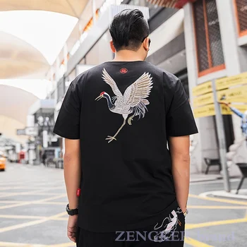 

Large size men's round neck short-sleeved T-shirt fairy crane print embroidery tide summer new black Harajuku style t-shirt