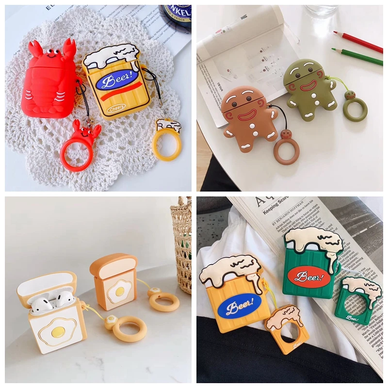 

For AirPods Case 3D Cute Beer Toast Cookie Earphone Case For Airpods 2/i10/i11/i12 TWS Soft Protect Cover with Finger Ring Strap