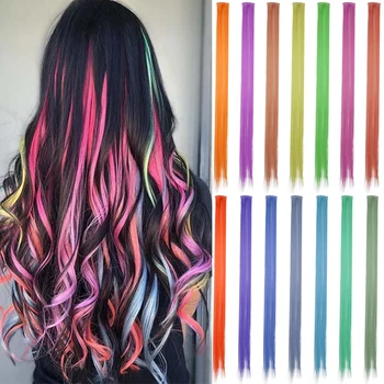 

FEELSI Colored Highlight Synthetic Hair Extensions Clip In One Piece Color Strips 18" Long Straight Hairpiece For Sports Fans
