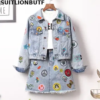 

Perfect Quality S-5XL Plus Size 2 Piece Set Women Applique Short Denim Jacket Coats Embroidery Jeans Skirt Ensemble Femme Mujer