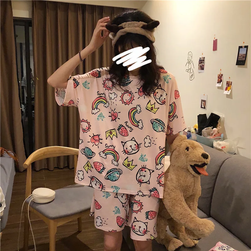 

Summer Short-sleeved Pajamas Women's Rainbow Cat M -Xxl