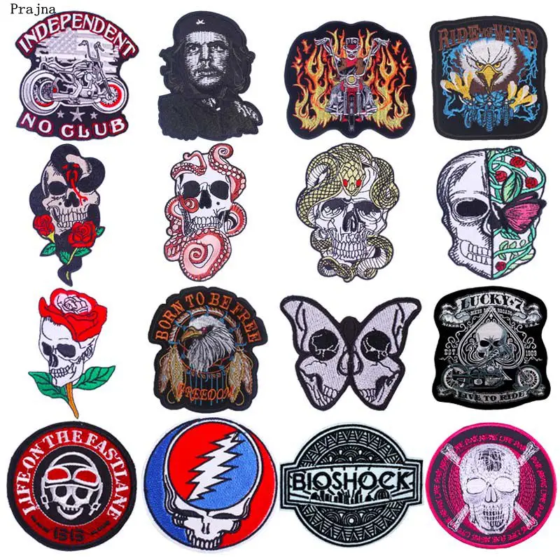 

Prajna Punk Skull Patch Motorcycle Iron On Patches Embroidered Patches For Clothing Stripes On Man Jacket Clothes Applique DIY