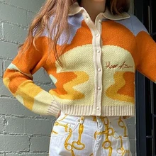 Delle donne di Autunno Dell'annata di Stile Francese Luce Del Sole Stampa Corta Maglione Lavorato A Maglia Chic Della Signora di Modo Monopetto Allentato Cardigan Femme