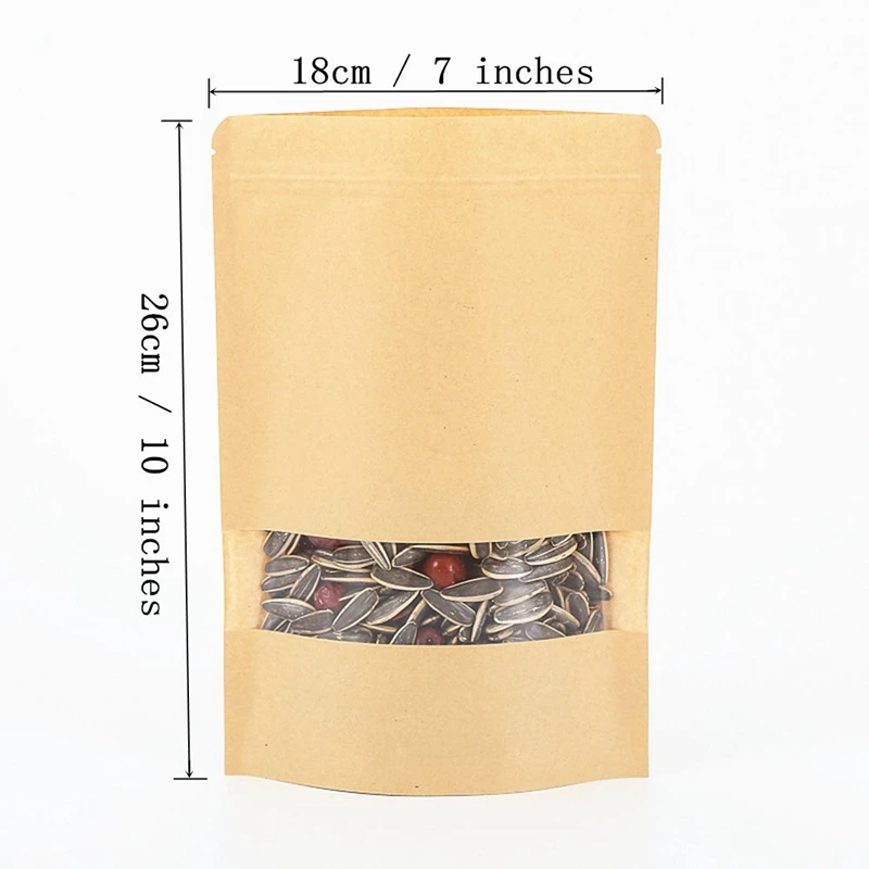 ABSS-100Pcs коричневого цвета стоьте вверх крафт-бумажные мешки с замком на молнии с ясным окном, relosable Doypack Pouches застежка-молния уплотнение упаковки