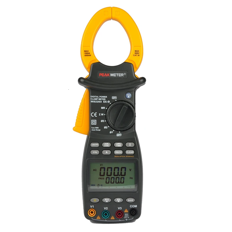 

PEAKMETER Professional 3-Phase LCD Digital High Sensitivity Clamp Power Meter Factor Correction Data Log True-RMS PM2203
