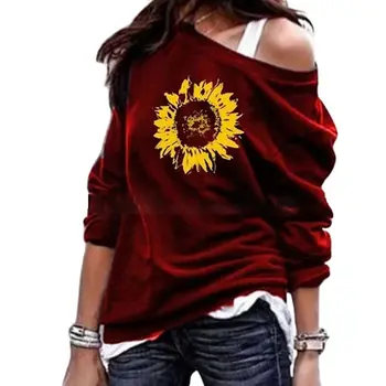 

Women Tops Sunflower Print Off Shoulder Long Sleeve Round Neck Casual Blouses Lady Loose Fit Pullover Shirts