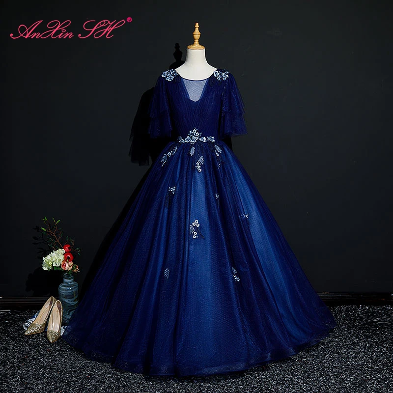 

AnXin SH princess o neck navy blue lace beading flower ruffles short sleeve ball gown stage party vintage blue evening dress