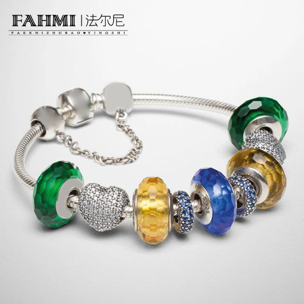 

FAHMI 100% 925 Sterling Silver 1:1 Colorful Fascinating Charm Murano Glass Heart Shaped Safety Bracelet Set Free Shipping