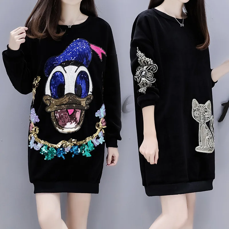 

Photo Shoot 2019 Autumn And Winter New Style Korean-style Large Size Gold Velvet Cartoon Brushed And Thick Hoodie Plus-sized Wom