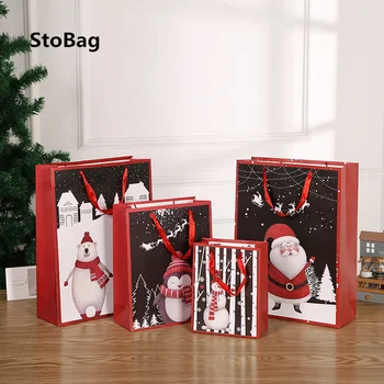 

StoBag 12pcs Red Handle Paper Bags Christmas DIY Handmade Cookies Candy Food Package Gift Bag Child Favor Party Decorating