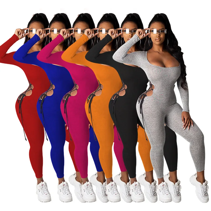 

Spring Autumn Stretch Jumpsuit 2020Long Sleeve Tousers Long Pant One Piece Sets Rompers Hollow Bandage Solid Tracksuit Running