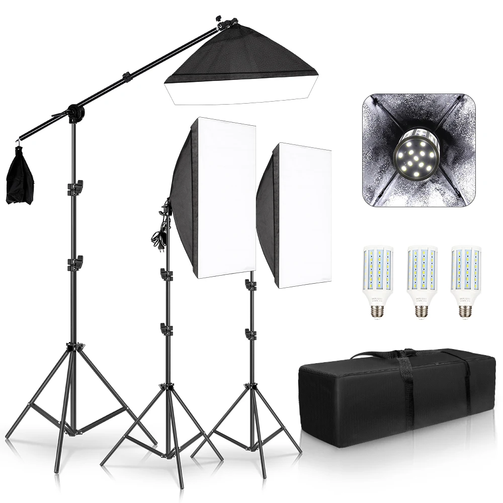 Kit De Iluminación Niceveedi Con Softbox De 50x70cm, 2 Trípodes (de 203cm Y Brazo Jirafa De 150cm), Bombilla LED De 85W Regulable (2700K-6500K) Y Mando A Distancia. Ideal Para Fotografía Y Vídeo.