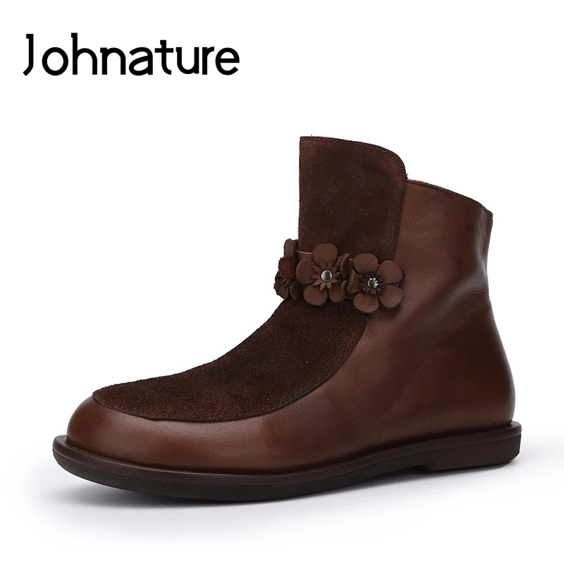 

Johnature Women Shoes 2019 New Autumn Retro Genuine Leather Ankle Boots Round Toe Flat With Zipper Flower Handmade Women Boots