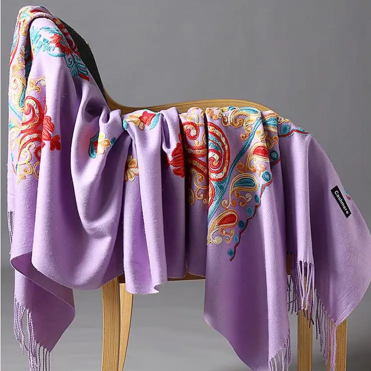 Новинка, Женский кашемировый шарф Пашмина с вышитыми цветами, зимний теплый тонкий шарф с кистями, шаль большого размера, модные шали, шарфы GP0819 - Цвет: purple