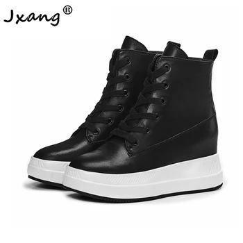 

JXANG Fashion High quality cowhide European and American style lace up Thick bottom Simple and versatile ankle boots black